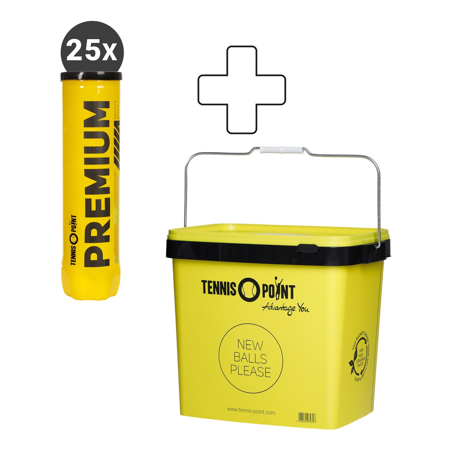 Tennis-Point Bote de 4 pelotas 25 x Premium Más cubo de pelotas Tennis-Point Bote de 4 pelotas 25 x Premium Más cubo de pelotas
