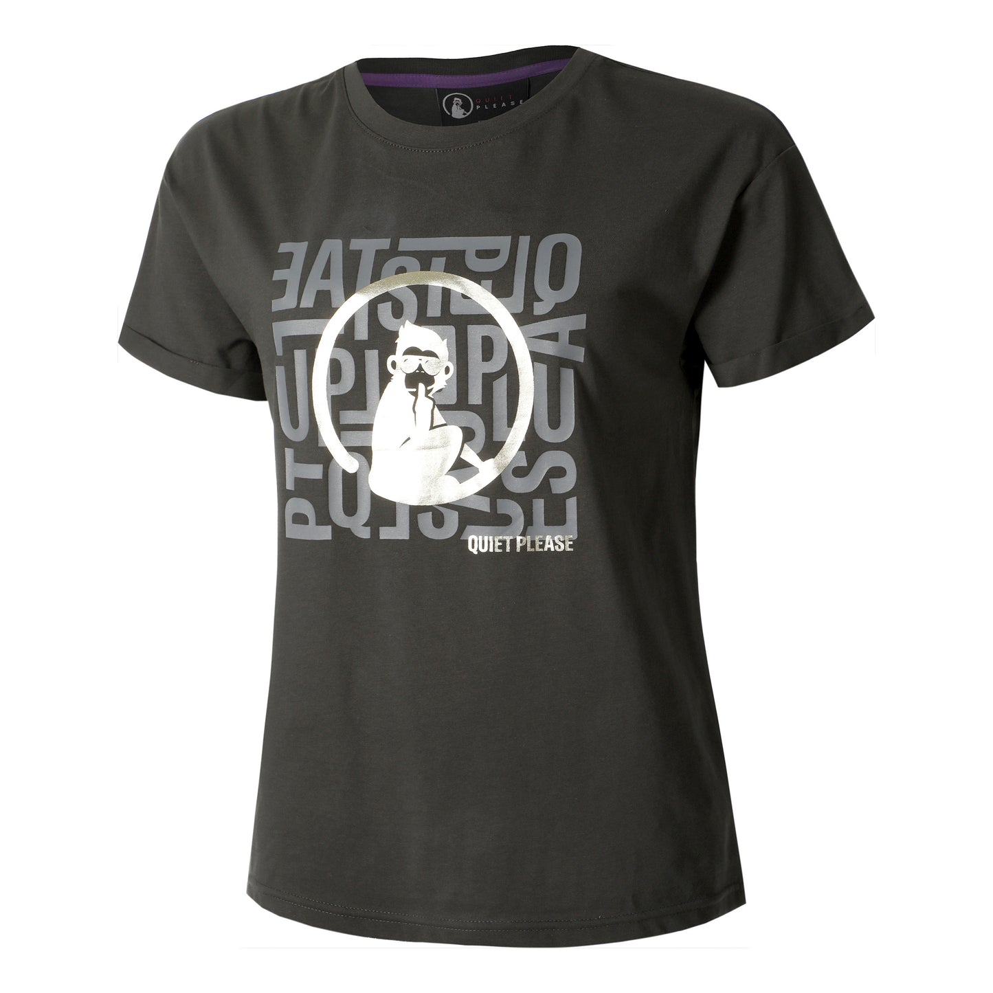 Quiet Please Glitter Word Salad Camiseta De Manga Corta Mujeres-Antracita