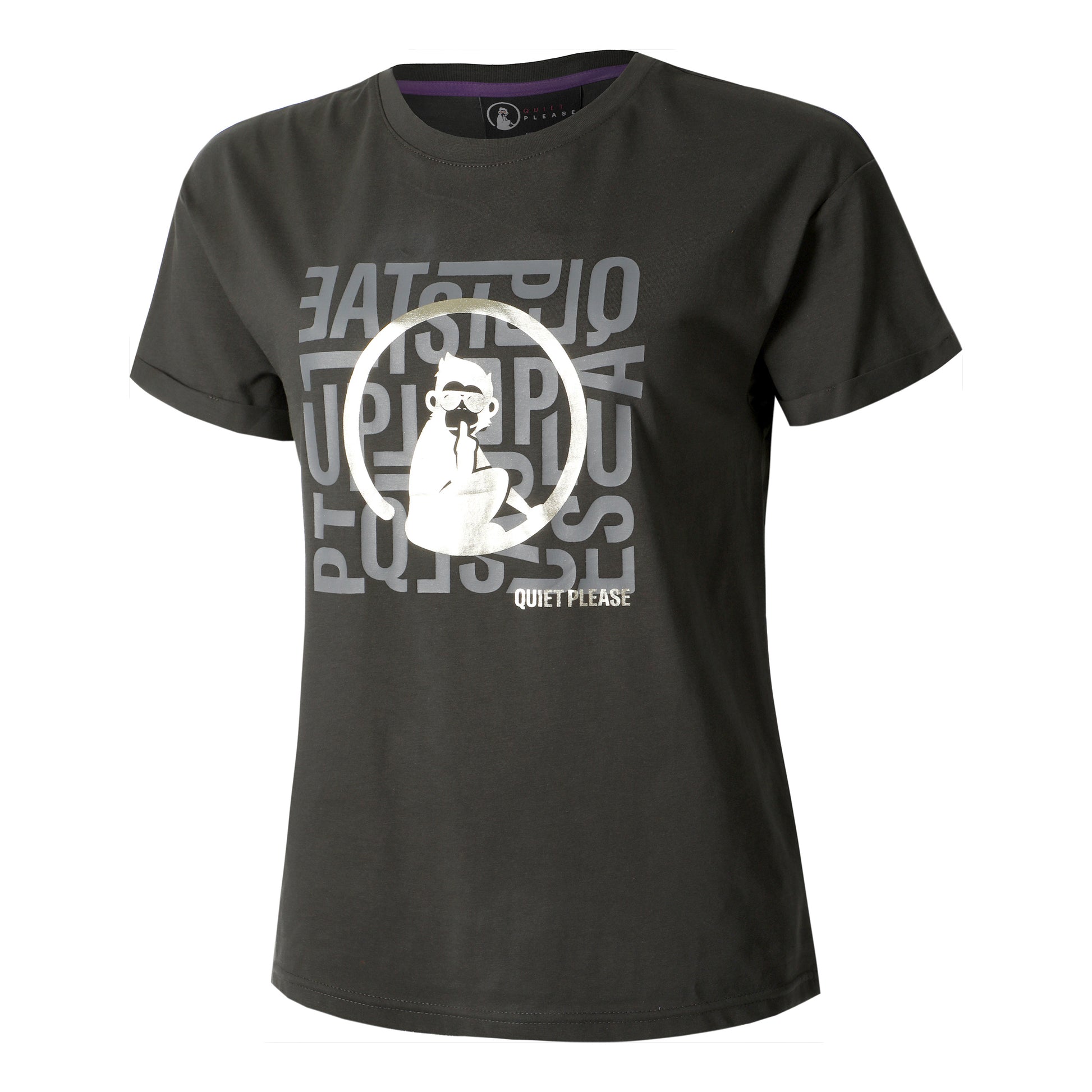 Quiet Please Glitter Word Salad Camiseta De Manga Corta Mujeres-Antracita