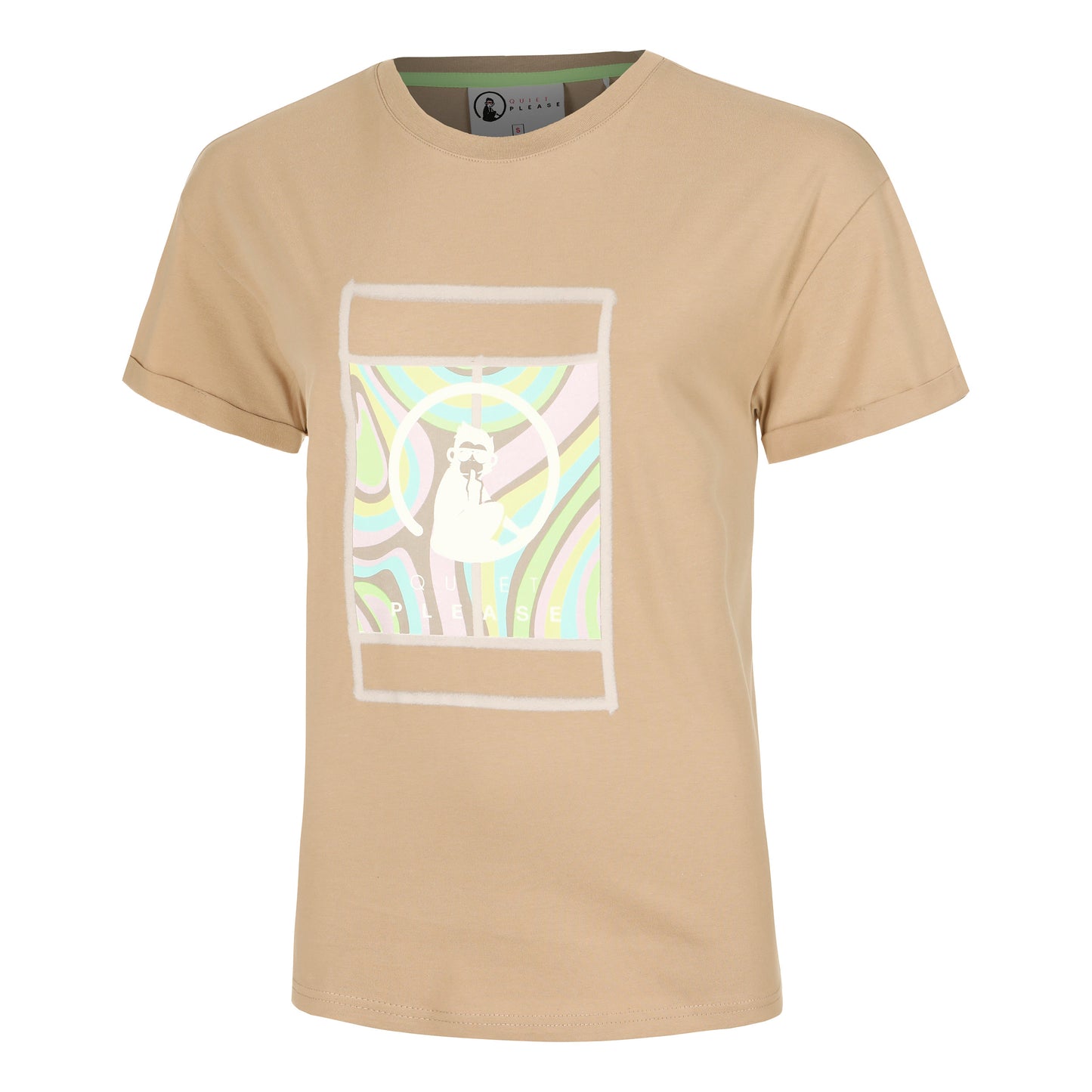 Quiet Please Wild Swirl Court Camiseta De Manga Corta Mujeres-Beige,Multicolor